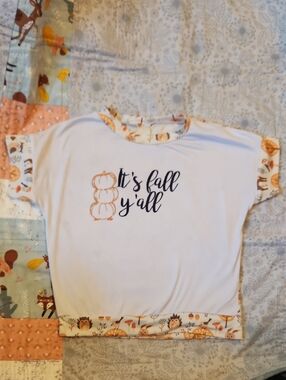 Cute Kid's Fall Graphic Tee - "It's Fall Y'all" - White with Autumn Print Trim